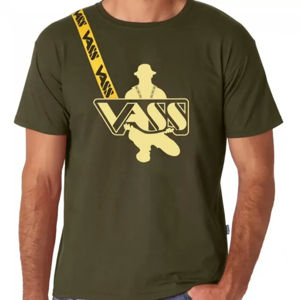 Vass Khaki T-Shirt With Printed Yellow Strap- Clothing