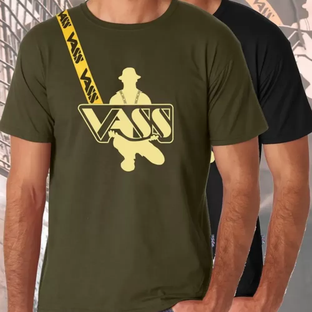 Vass Khaki T-Shirt With Printed Yellow Strap- Clothing